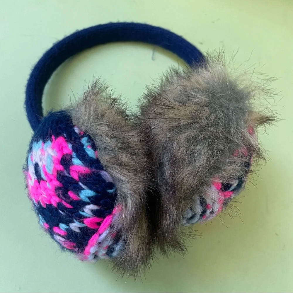 Multicolored acrylic/faux fur knitted earmuffs